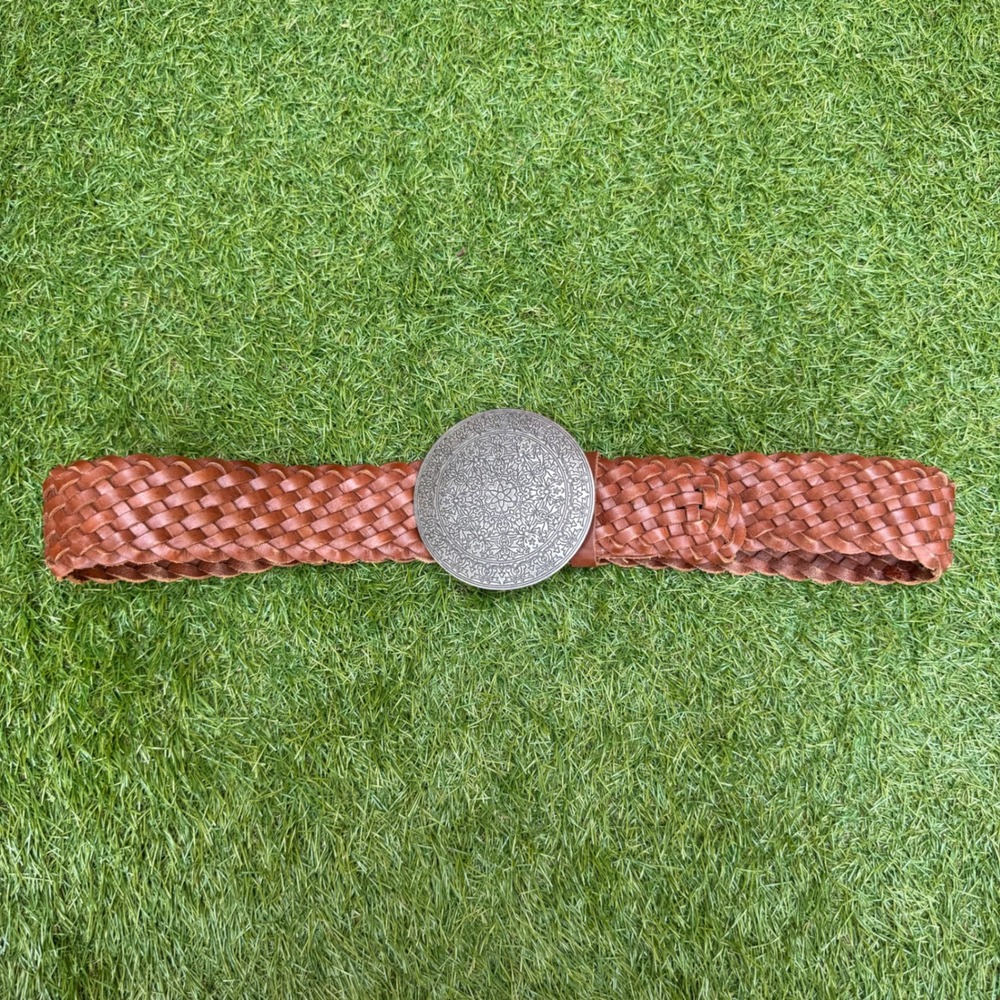 Vtg Y2K American Eagle Outfitters Woven Leather Belt Silver Concho Boho Size S/M